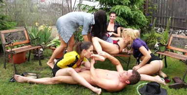 Fun-loving women humiliate a loser that gets to fuck them