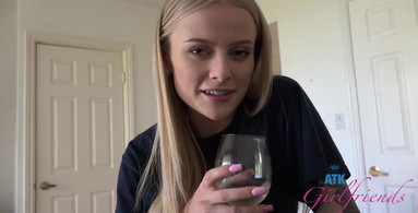Wine-chugging girlfriend enjoying hardcore sex in POV