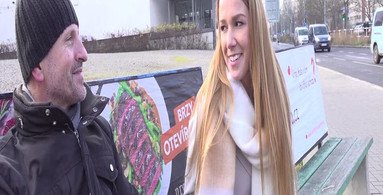 Slutty blonde is approached on the Czech streets