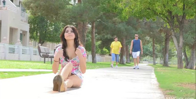 Eliana goes around the campus flashing her pussy