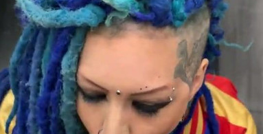 Blue haired pierced girl Lady Blue sucking in POV