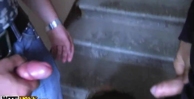 Pair of perverts find her on the stairs and using her
