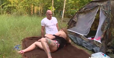 PAWG goes camping and fucks her big bald friend