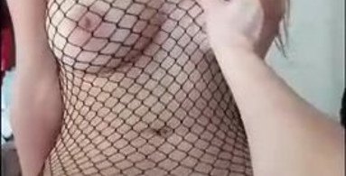 Blindfolded tean wears a revealing fishnets outfit for POV sex