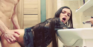 Sexy as fuck bang session in the bathroom with an attractive brunette