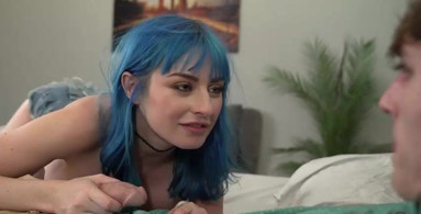 Blue haired woman with juicy boobs is getting it with the stepbro