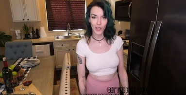 Tattooed woman is having a nice dinner and gets under the table