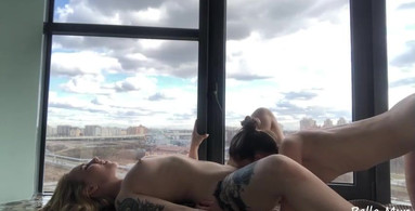 Beautiful lesbian sex on a balcony