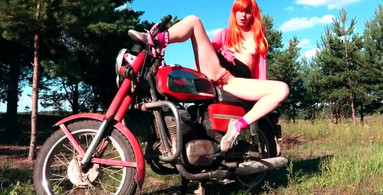 Pink motorcycle masturbation OUTDOOR