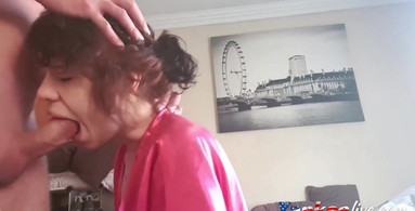 Curly haired milf sucking and jerking my cock till I cum