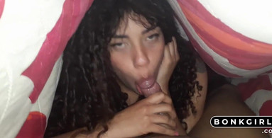 my friend's girlfriend gives me a blowjob under the sheet