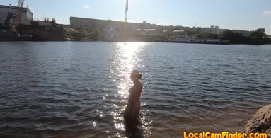 Naked exhibitionist MissMotivated bathes in the river