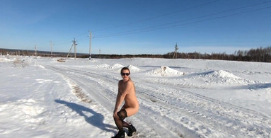 Russian Nude Girl on the Road and Winter village