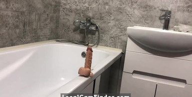 Fucked tight pussy with a big dildo in the bathroom while alone at home