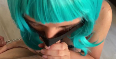 Сyberpunk girl with blue hair and mask screams hard when fucked