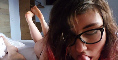 POV Barefeet Soles Pose Blowjob Nerdy Girl with Glasses